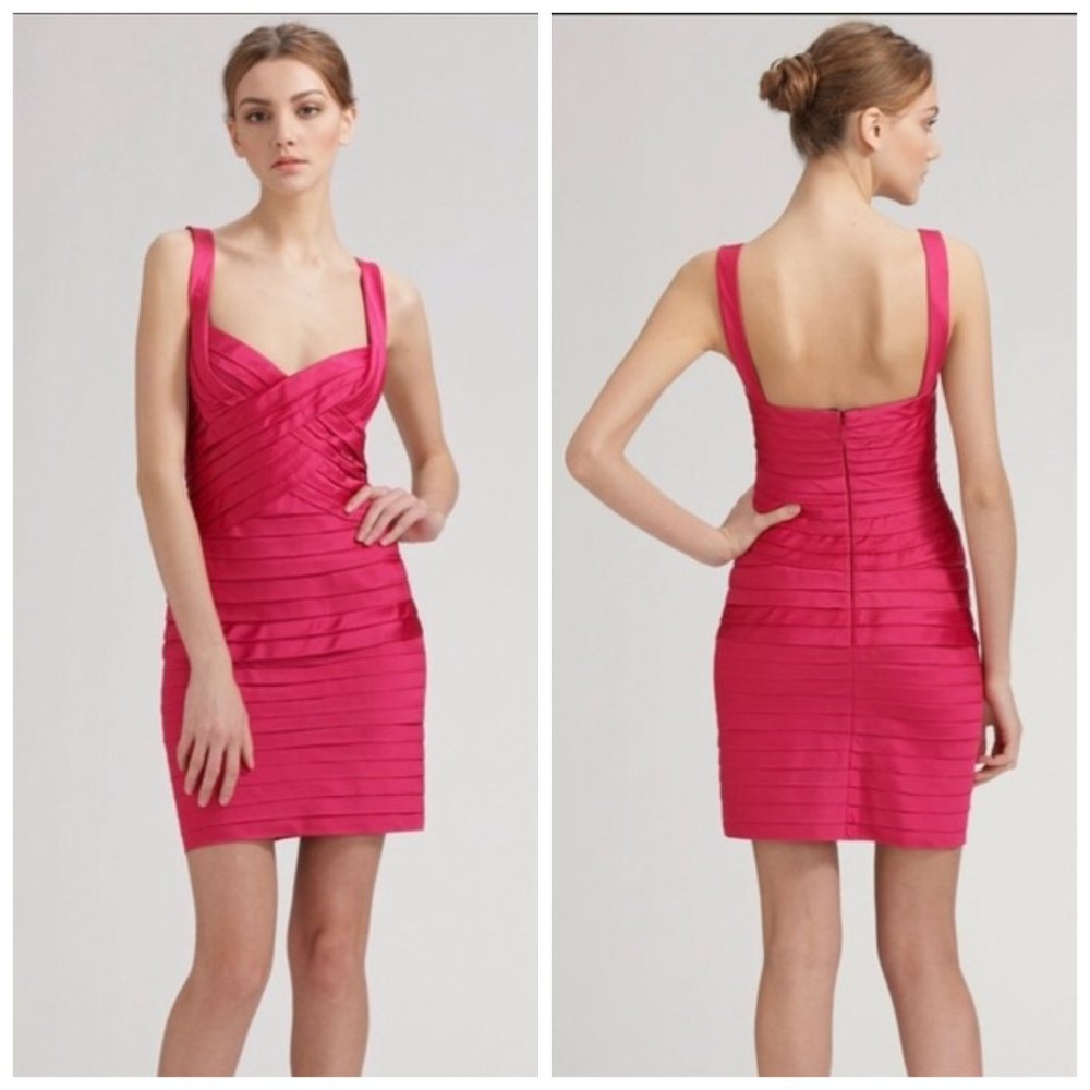BCBGMAXAZRIA Sleeveless Begonia Pink Layered Pleated Padded Satin Bodycon Dress